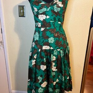 Moulinette Soeurs Anthropologie Green and Brown Floral Midi Dress